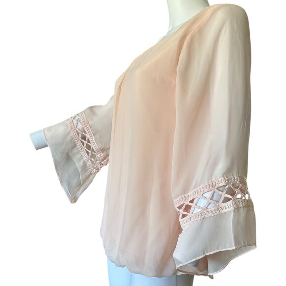 AB Studio Womens medium top sheer pale pink 3/4th bell sleeve chiffon blouse - Picture 4 of 10
